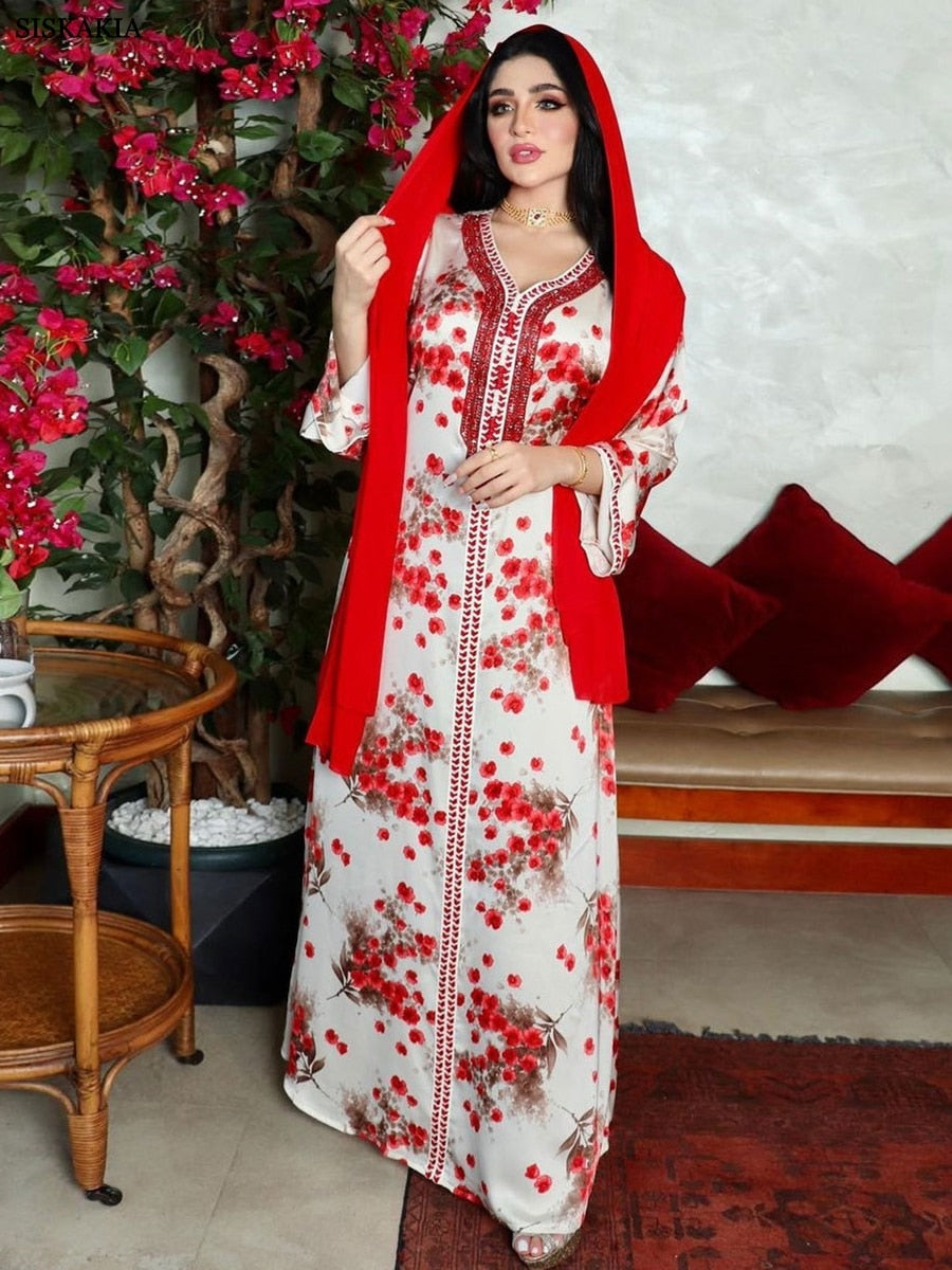 Diamonds Floral Print V-Neck Abaya - Ramadan Modest Dresses